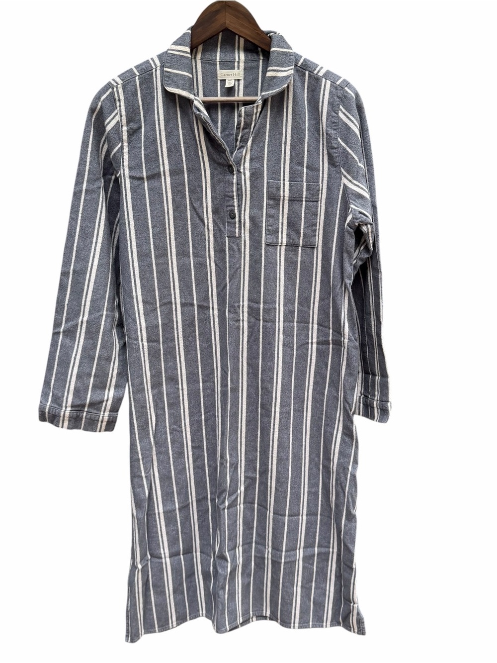 Garnet Hill Flannel Shirt Dress Small Gray Blue White Stripe 100% Cotton - Picture 4 of 10